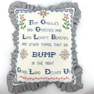 Hand Made Cross Stitched Fall Ghoulies & Ghosties Poem Themed Toss Pillow 14x11